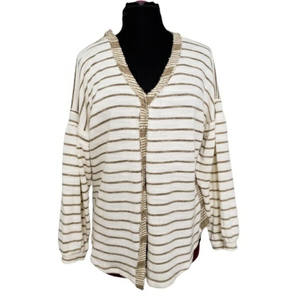 Umgee Taupe Ivory Striped Textured Bubble Sleeve‎ Drop Shoulder Cardigan Large
